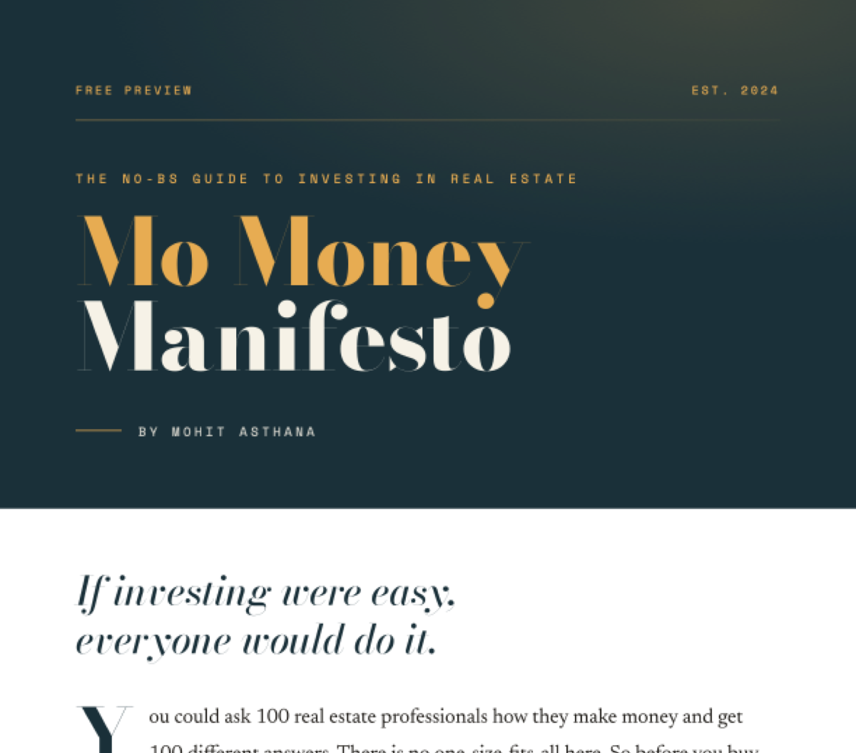 Mo Money Manifesto, the no-BS guide to investing in real estate, by Mohit Asthana. First page of the free preview.